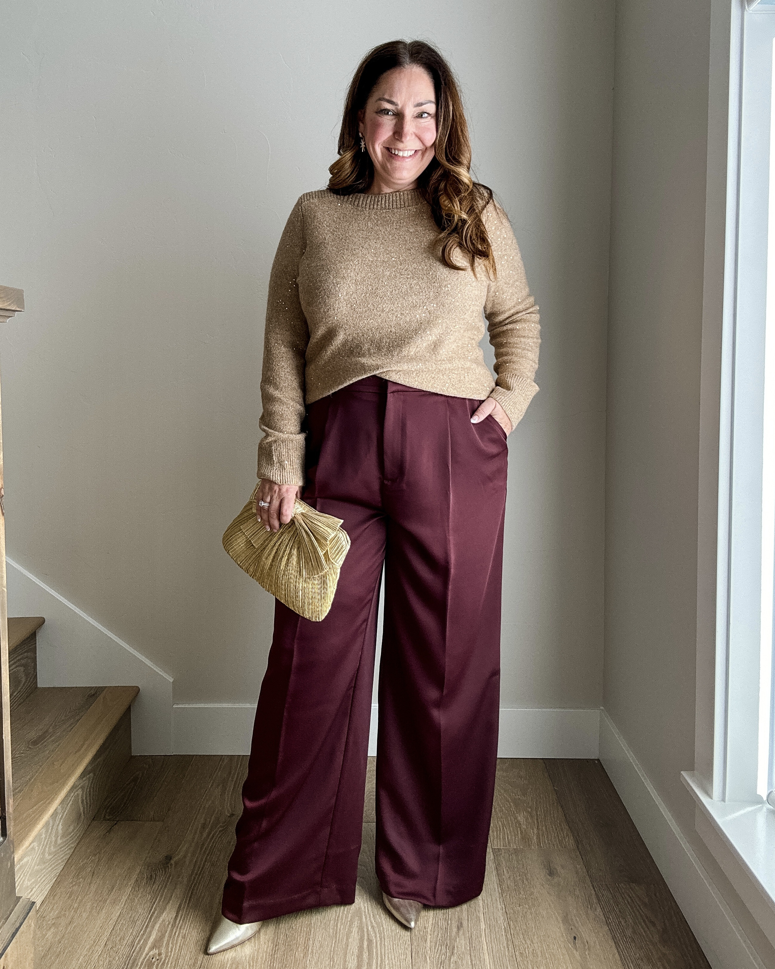 Holiday outfit from LOFT 
· wearing large in top, 14 in pants (size up if in-between)

Christmas, Holiday party, holiday looks, thanksgiving, new year, gold sweater, burgundy pants, satin pants, black pants TheRecruiterMom

#LTKHoliday #LTKMidsize #LTKParties