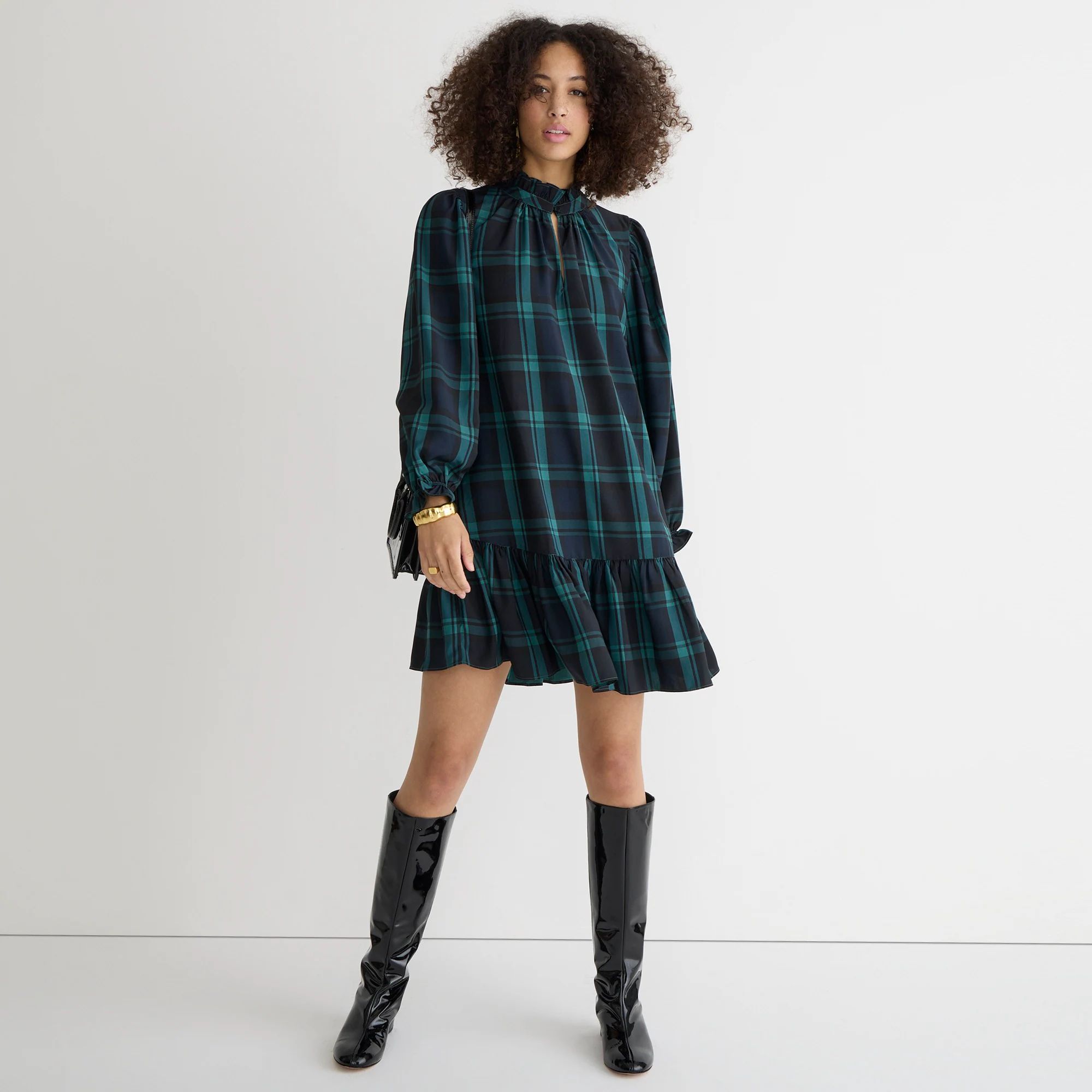 Ruffle puff-sleeve dress  in Black Watch tartan | J.Crew US