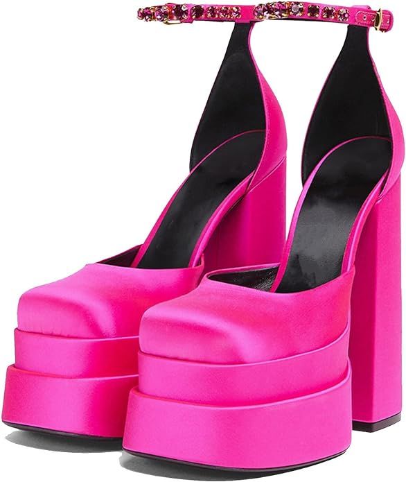 Amazon.com | Womens Platform Dress Pumps Ankle Strap Block High Heeled Silk Satin Square Toe Fash... | Amazon (US)