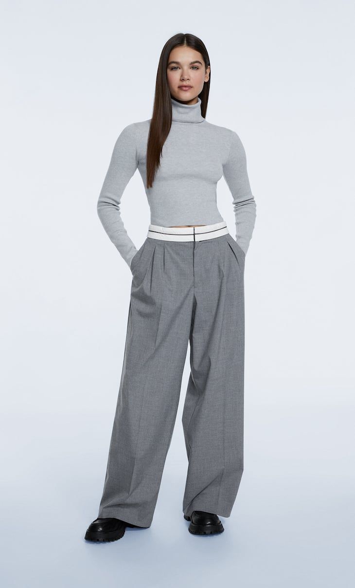 Trousers with turn-down waist - Women's fashion | Stradivarius United Kingdom | Stradivarius (UK)