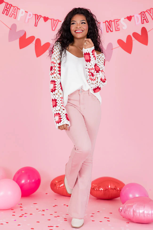 Hello Lover Pink And Ivory Crochet Heart Sleeve Sweater | Pink Lily