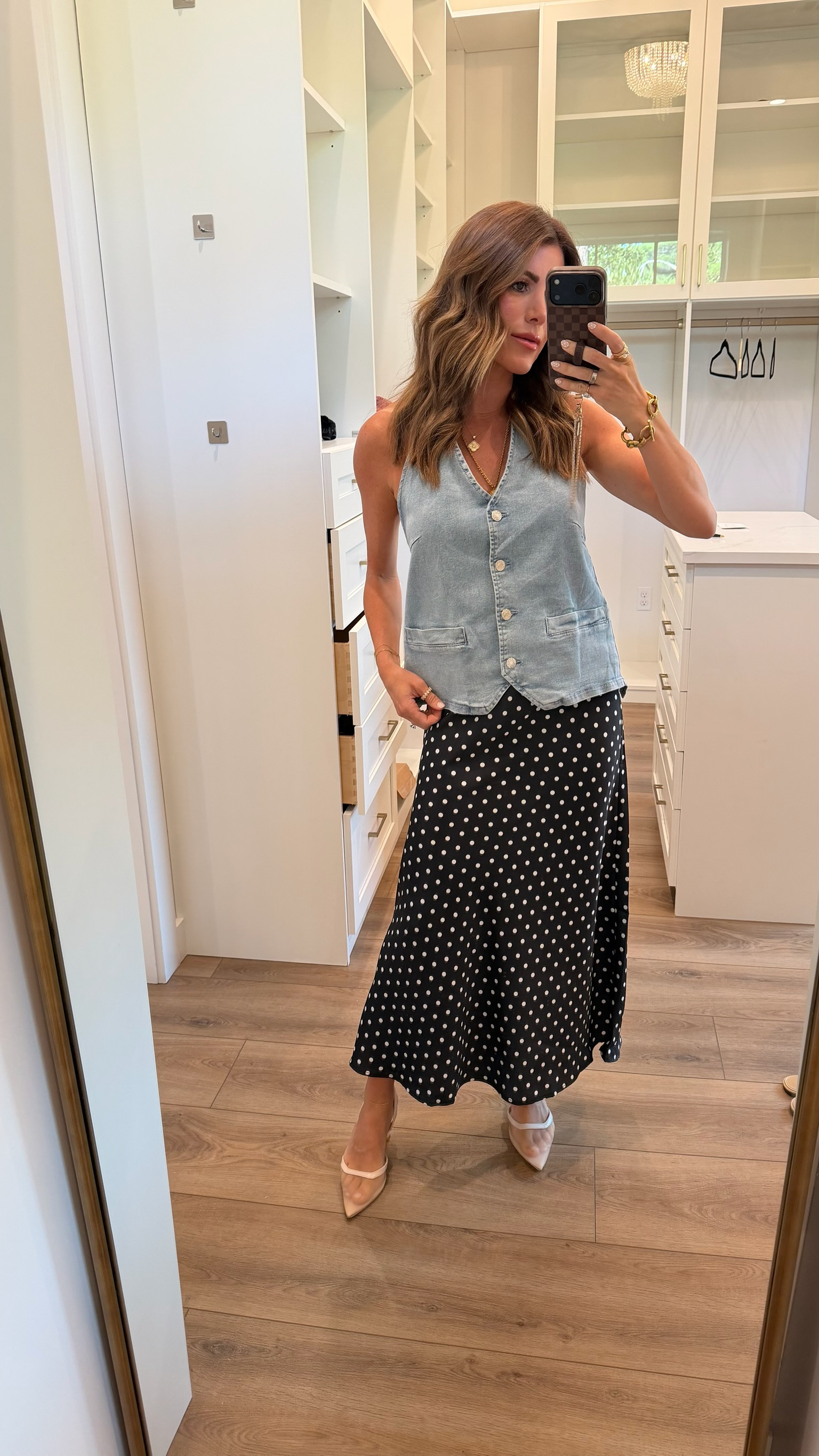 A denim vest and polka dot maxi skirt make such a chic mix of casual and feminine.

denim vest, polka dot skirt, maxi skirt, summer outfit, early fall outfit, transitional outfit, feminine style, chic casual, elevated casual, date night outfit, dinner outfit, classy outfit, denim outfit, statement skirt, polka dot outfit, summer evening look, fall transition style, polished casual outfit, trendy summer outfit, effortless chic style 

 #LTKootd #LTKOver40 #LTKPetite