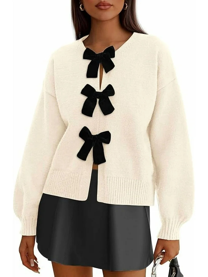 PRETTYGARDEN Cardigan Sweaters for Women Fall Bow Tie Front Long Sleeve Knit Sweater Tops Cute Go... | Walmart (US)