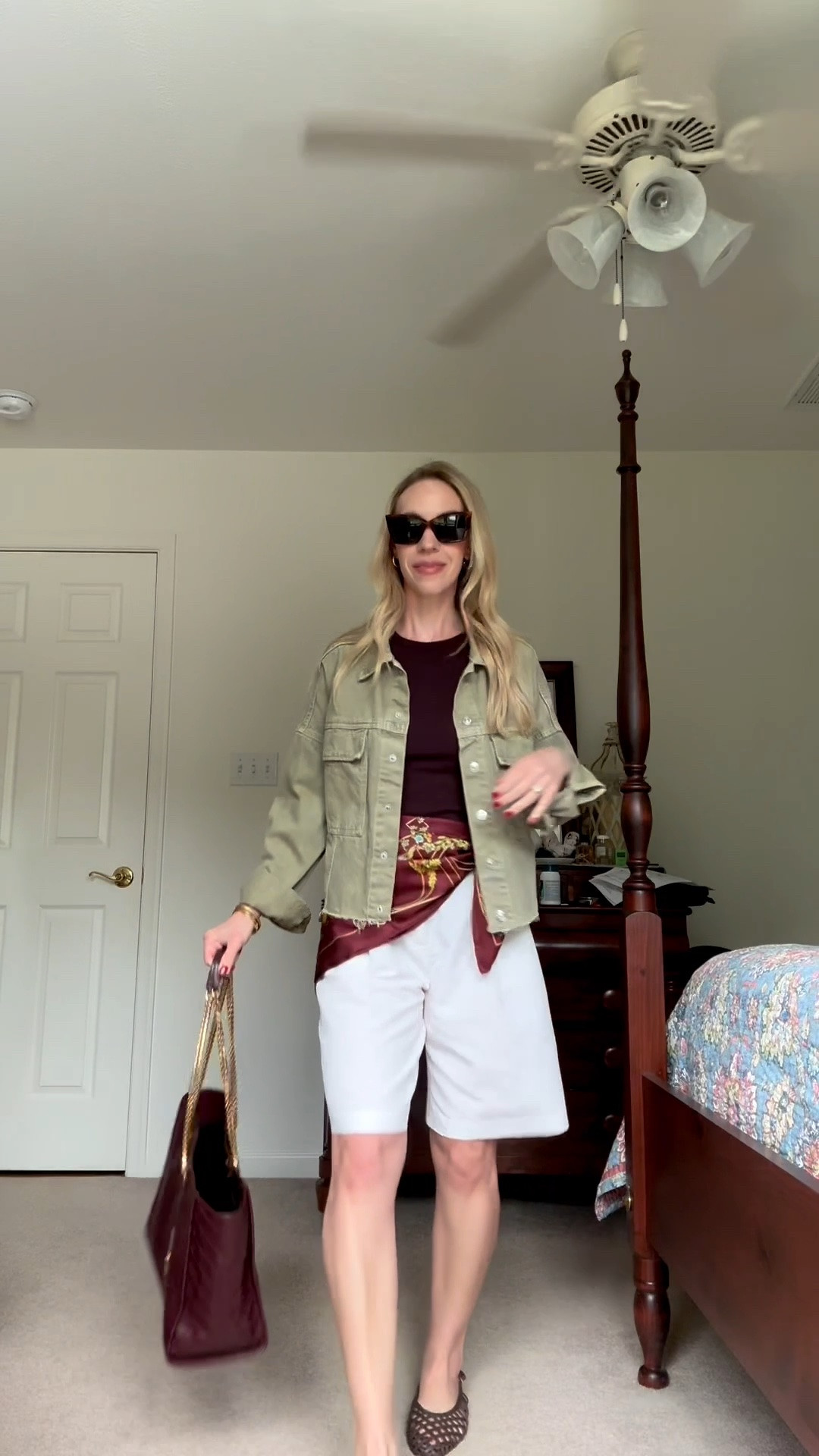 Transitional summer to fall outfit, utility jacket, silk scarf tied at waist with bermuda shorts, over 40 casual early fall looks

#LTKootd #LTKgrwm #LTKOver40