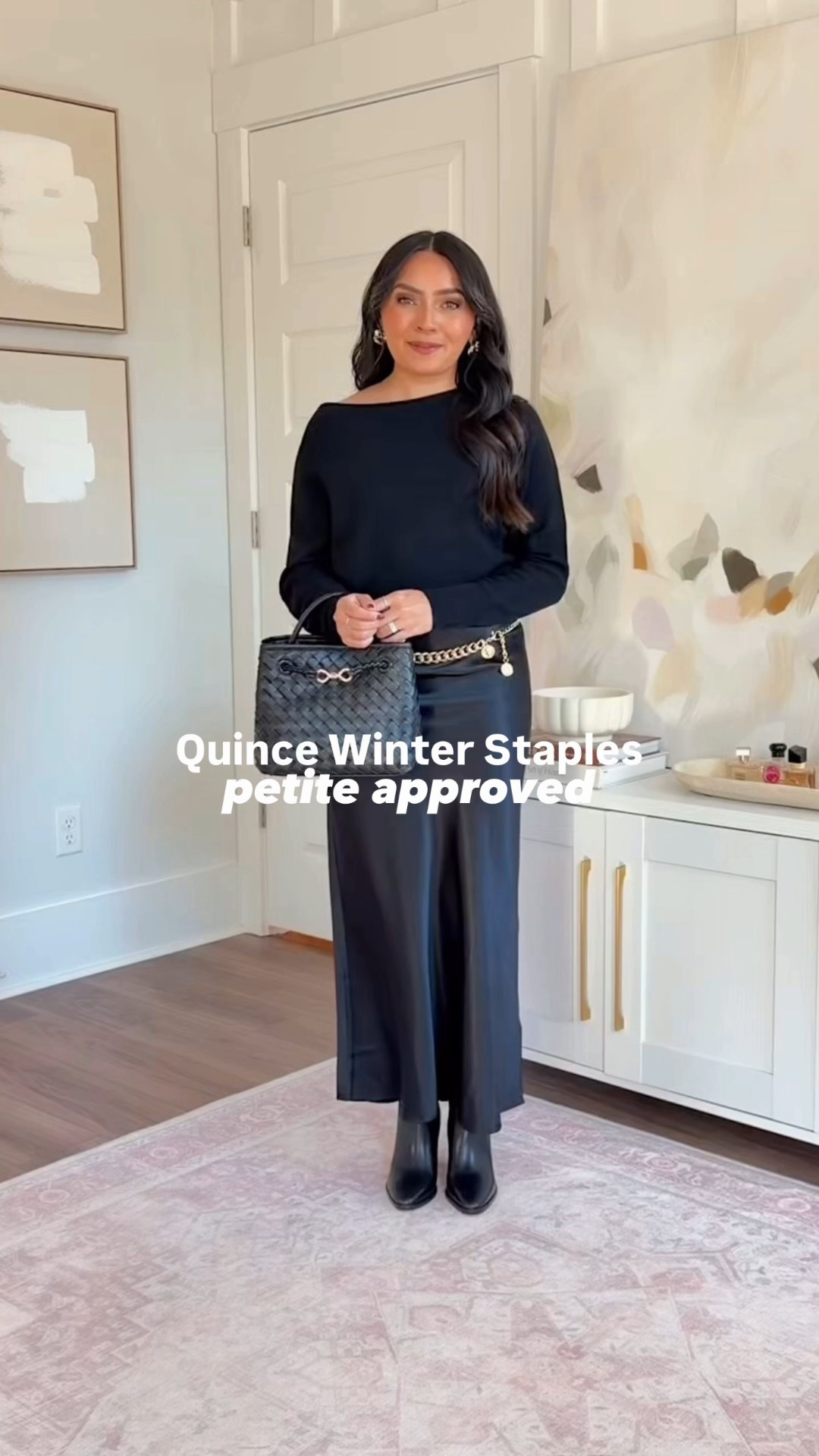 Quince Winter Outfits - Petite Friendly!
For reference: I’m 5’0, 32b bra size, and 2/26 in bottoms, pear shaped. 
*Everything I share is unaltered! TTS means true to size. Between size 5-6.6 in shoes

Black boatneck sweater size xs TTS
Chain belt one size TTS
Black maxi skirt size xs TTS
Black boots size 5.5 TTS

Teak cashmere pullover size xs TTS
White tee size xs TTS
Midnight blue flare jeans size 26, 30” inseam TTS
Dark brown leather boots size xs TTS

Burgundy sweater size xs TTS
Charcoal black straight jeans size 26, 28” inseam TTS
Black belt size small TTS
Black boots size 5.5 TTS

Mocha Heather sweater dress size xs TTS
Chocolate leather boots size 5.5 TTS

Black stripe sweater size xs TTS
Black cropped wide leg jeans size 26, 26” inseam - I have a little room in the waist
Black loafers size 5 TTS



#QuincePartner @onequince

petite winter outfits
Quince winter outfits
petite friendly outfits
winter outfits for petites
elevated winter basics
neutral winter outfits
petite capsule wardrobe
minimalist winter outfits
affordable luxury winter style
petite outfit inspiration
winter layering for petites
classic winter outfits
petite cold weather outfits
everyday winter outfits
timeless winter wardrobe
Rachel Miranda Blog
Honeysweetpetite






#LTKPetite #LTKFindsUnder50 #LTKFindsUnder100