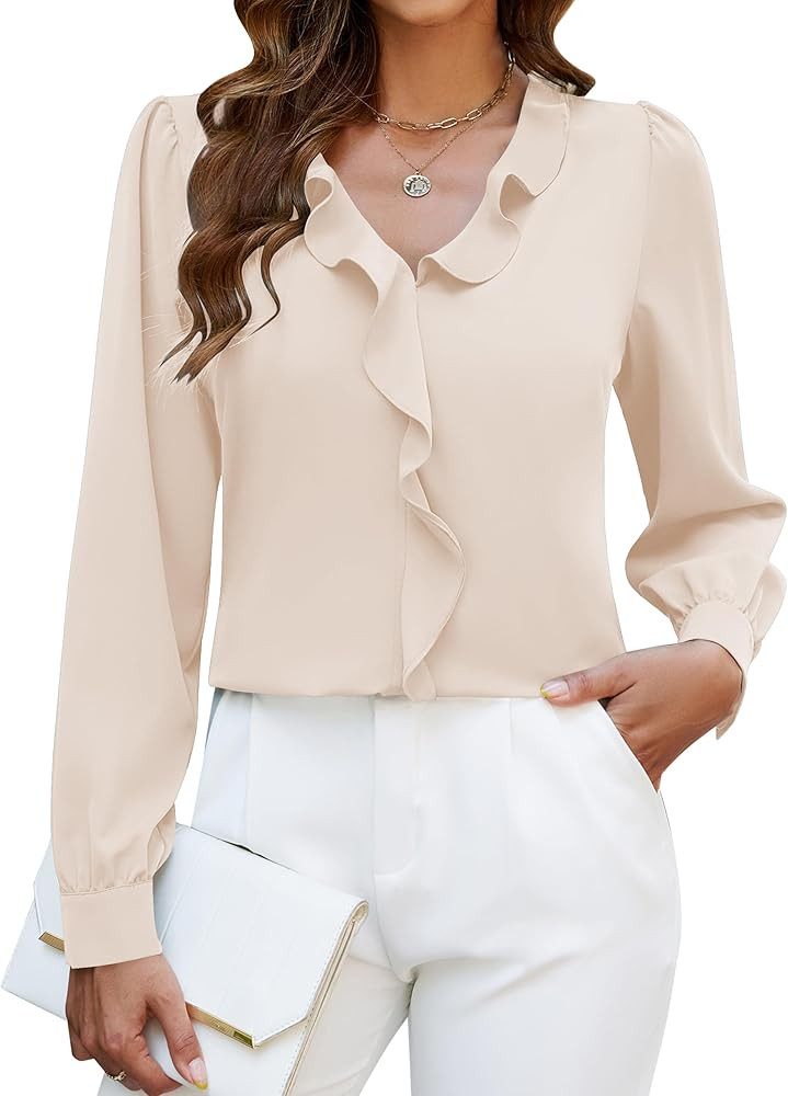 Blooming Jelly Womens Dressy Casual Blouse Business Long Sleeve Tops Ruffle V Neck Work Shirt Fal... | Amazon (US)