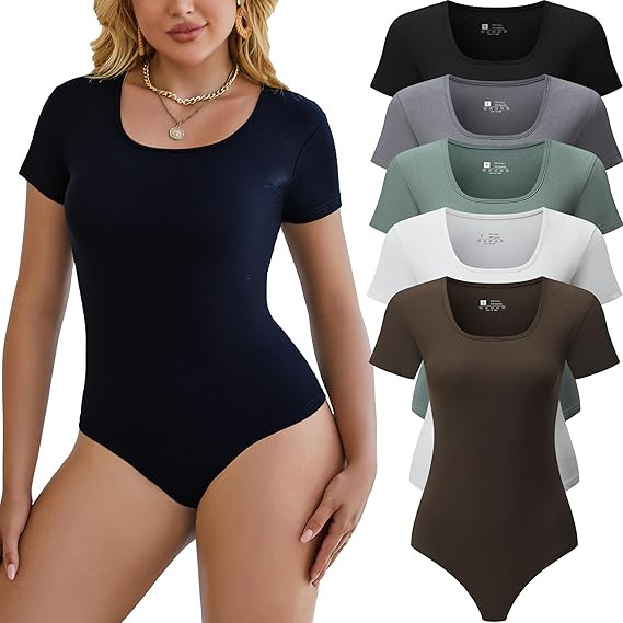 5 Pack Short Sleeve Bodysuits for Women Square Neck Casual Stretchy Basic Body Suits Tops T Shirt... | Amazon (US)