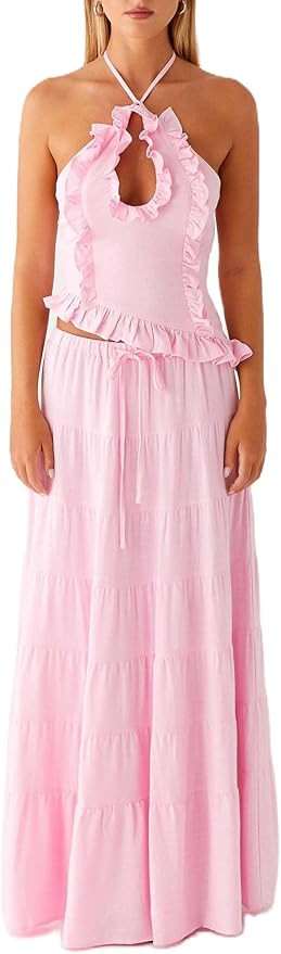 Y2k Maxi Skirt Sets 2 Piece Outfit for Women Flowy Ruched Ruffle Long Skirts and Backless Halter ... | Amazon (US)