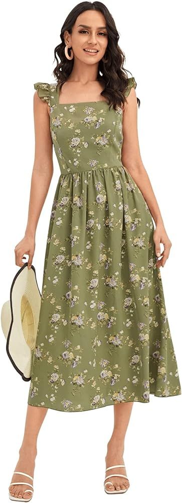 WDIRARA Women's Floral Print Ruffle Trim Cami Boho Casual Square Neck Cap Sleeve Maxi Dress | Amazon (US)
