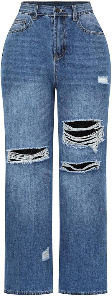 THUNDER STAR Womens High Waisted Wide Leg Jeans Stretchy Distressed Denim Pants | Amazon (US)