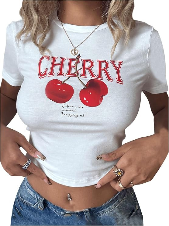 Women's Y2K Graphic Shirt Cherry Print Short Sleeve Slim Fitted Summer Vintage Cropped Tee | Amazon (US)