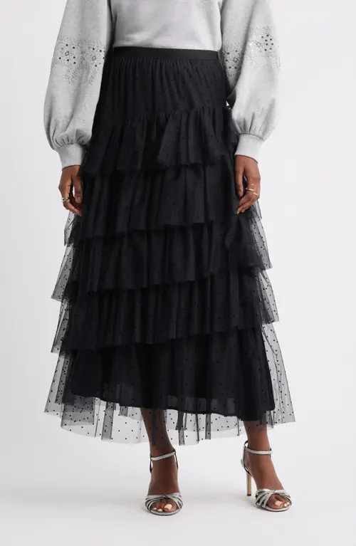 Treasure & Bond Flock Dot Tiered Tulle Maxi Skirt in Black at Nordstrom, Size Small | Nordstrom