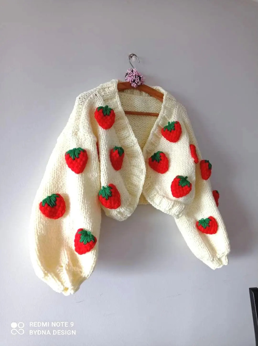 Cozy Handmade Strawberry Knit Cardigan, Chunky Oversized Sweater, 3D Embroidery, Gift for Her, Ae... | Etsy (US)
