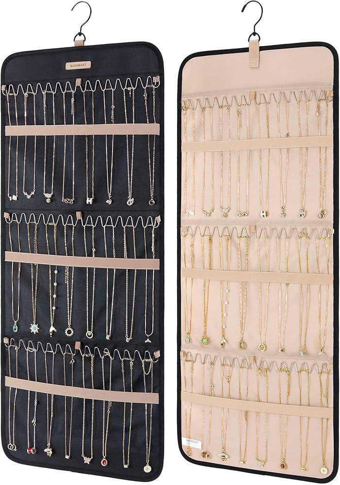 BAGSMART Hanging Necklaces Organizer Jewelry Holder Storage Roll with Hanger Metal Hooks Double-S... | Amazon (US)
