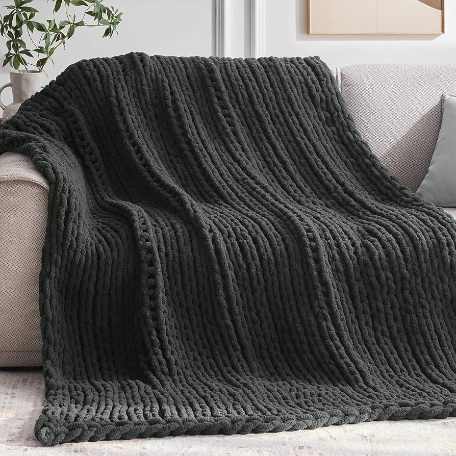 Chunky Knit Throw Blanket, 50''*60'' Knitted Throw Blankets for Bed Couch, Handmade Thick Dark Gr... | Amazon (US)