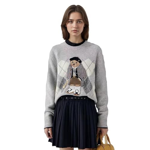 zvyubn Cute Teddy Bear with Argyle Pullover Sweater Women's Winter Long Sleeve Crew Neck Cozy Knit Preppy Sweaters Holiday Retro Dating Warm Petite Outfits L | Amazon (US)
