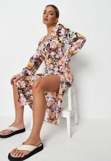 Black Floral Print Button Through Milkmaid Midi Dress | Missguided (US & CA)