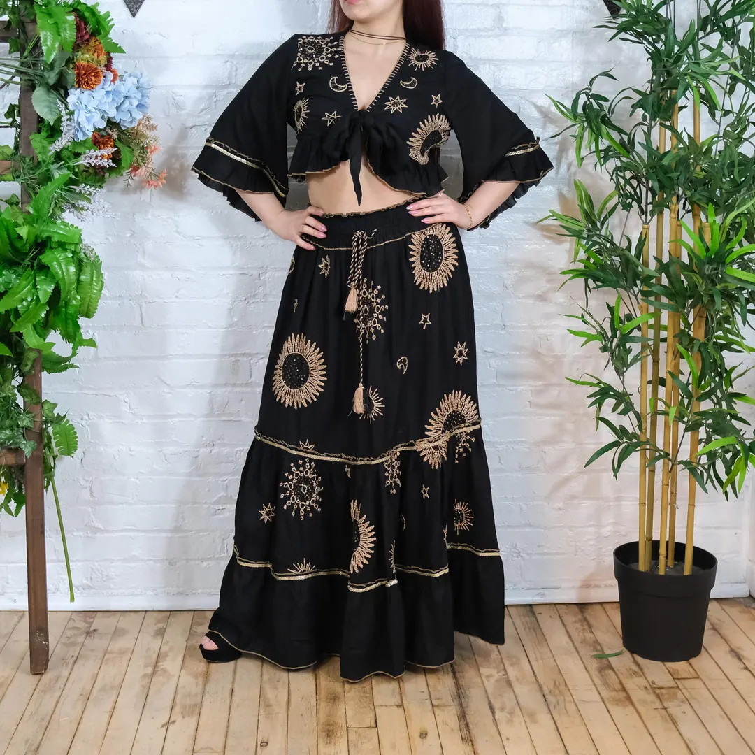 Flowy Embroidery Celestial Skirt with Ruffle Sleeve Top, Boho Maxi Skirt Set,Summer Outfit, Bohem... | Etsy (US)