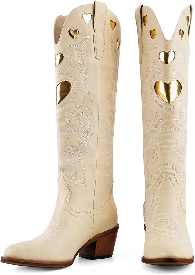 Cowboy Boots for Women Wide Calf Round Toe Chunky Stacked Heel Knee High Cowgirl Boot Heart Patte... | Amazon (US)