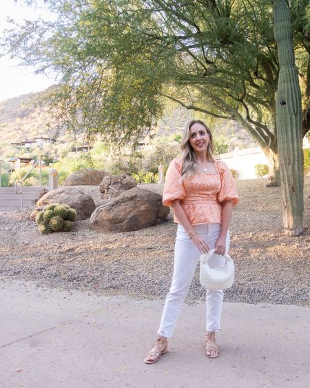 Scottsdale outfit. Love the orange and white combo! The back of this top is absolutely perfect (I wear pasties - no bra)! I am wearing it in a medium. Jeans are stretchy, comfortable and run true to size. Sandals are in my true size. 

#LTKtravel #LTKSeasonal #LTKfit