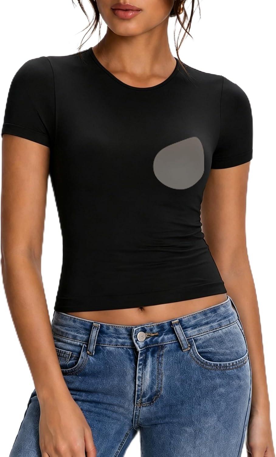 Abonlen Built in Bra T Shirts for Women Short Sleeve Crop Top Y2K Going Out Tops Fitted Basic Tees Workout Shirts | Amazon (US)