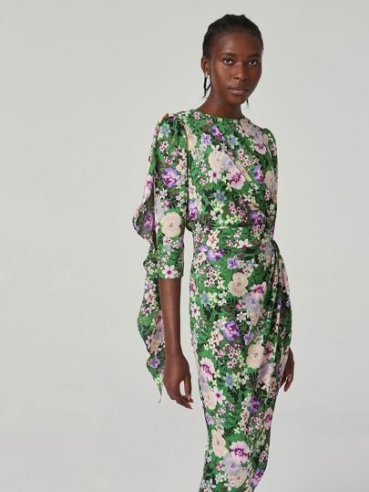 SHEIN PREMIUM Split Back Ruffle Trim Asymmetrical Hem Floral Dress | SHEIN