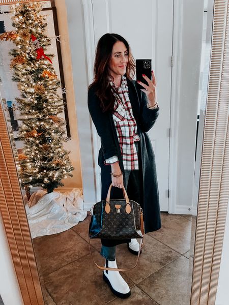 Winter outfit idea! Holiday plaid outfit idea❤️🎄🖤 // plaid shirt (size small) long gray coatigan (size small) gray straight jeans (size 27 short) white lug boots 
Casual holiday style 
Walmart fashion 
Dressy casual holiday outfit 

#LTKHoliday #LTKfindsunder50 #LTKsalealert