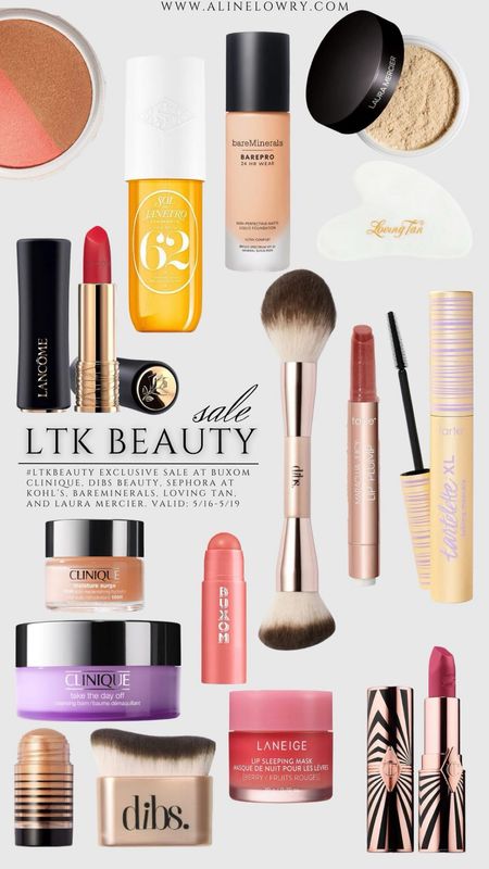 LTK Beauty Sale 
Dibs beauty, Sephora at Kohl’s, Buxom, Clinique, Bare Minerals, Laura Mercier, and Loving Tan.

Skin care, perfume spray, make up brush, lipstick, Lancome, Sol de Janeiro, blush, tarte maracuja lip plump.

#LTKU #LTKBeauty #LTKSaleAlert