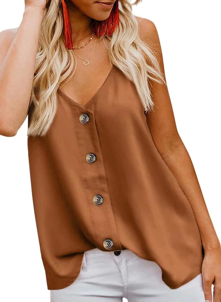 BLENCOT Women's Button Down V Neck Strappy Tank Tops Loose Casual Sleeveless Shirts Blouses | Amazon (US)