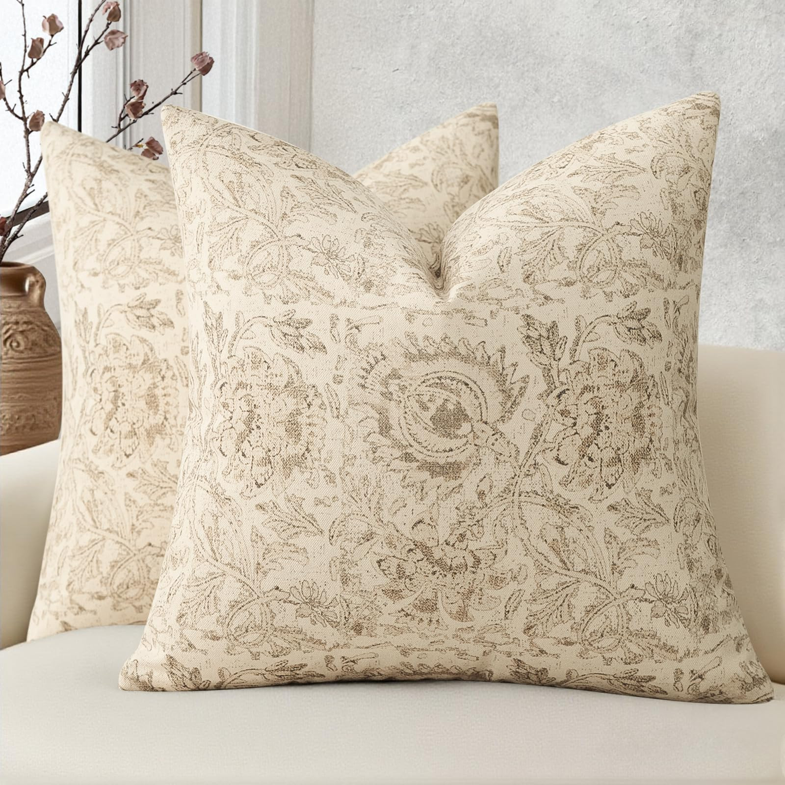 Vintage Floral Print Throw Pillow Covers 20x20 Set of 2 Neutral Modern Farmhouse Pillowcases Acce... | Amazon (US)