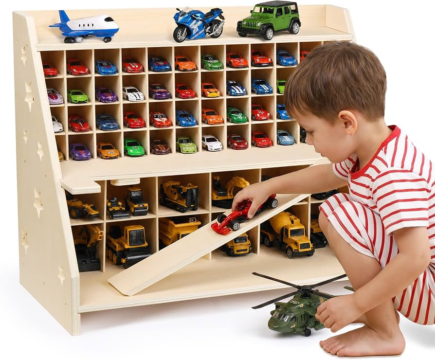 Wooden Toy Car Garage Storage Organizer - 70+ Car Display Shelf with Foldable Racing Ramp, Dual-L... | Amazon (US)