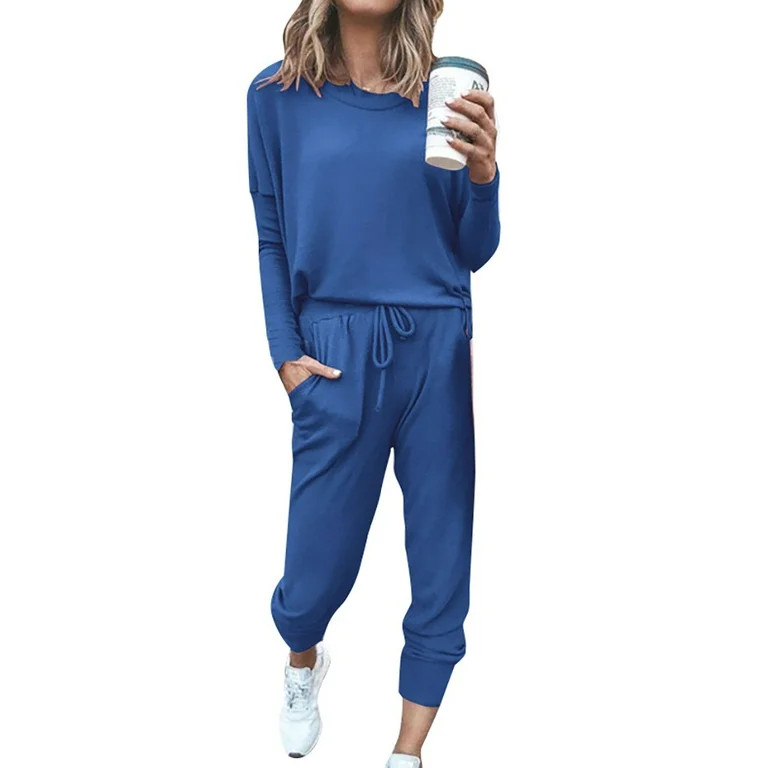 Jpgif 2Pc Women Pure Color Suit Long Sleeve Leisure Pocket Home Sweatpants Sets | Walmart (US)