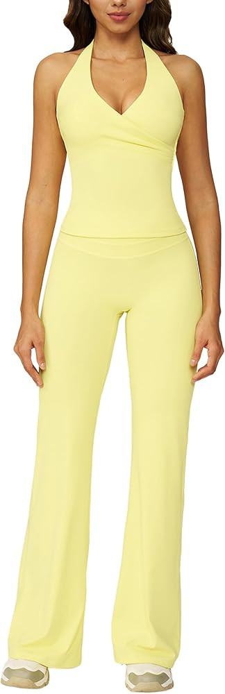 Womens Two Piece Workout Sets Wrap Halter Tank Top Matching High Waist Flared Leggings Yoga Pilat... | Amazon (US)