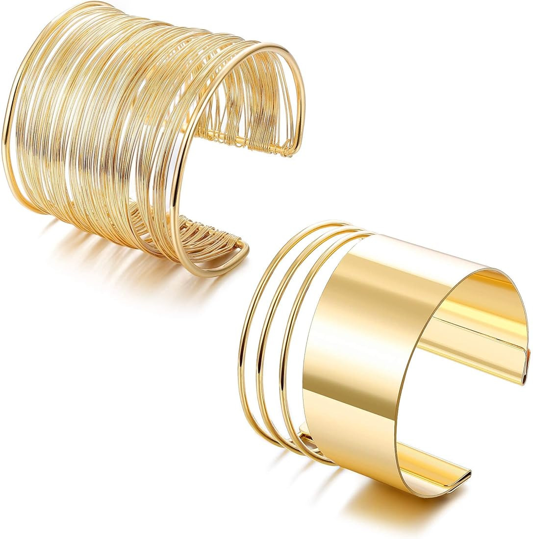JeryWe 2 Pcs Cuff Bangle Bracelet Set for Women Open Wide Wire Bracelets Adjustable Gold Sliver-T... | Amazon (UK)