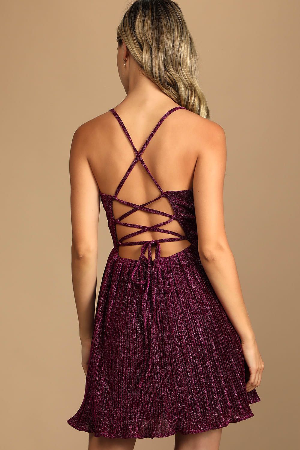 Party Era Magenta Sparkly Lace-Up Pleated Skater Dress | Lulus (US)