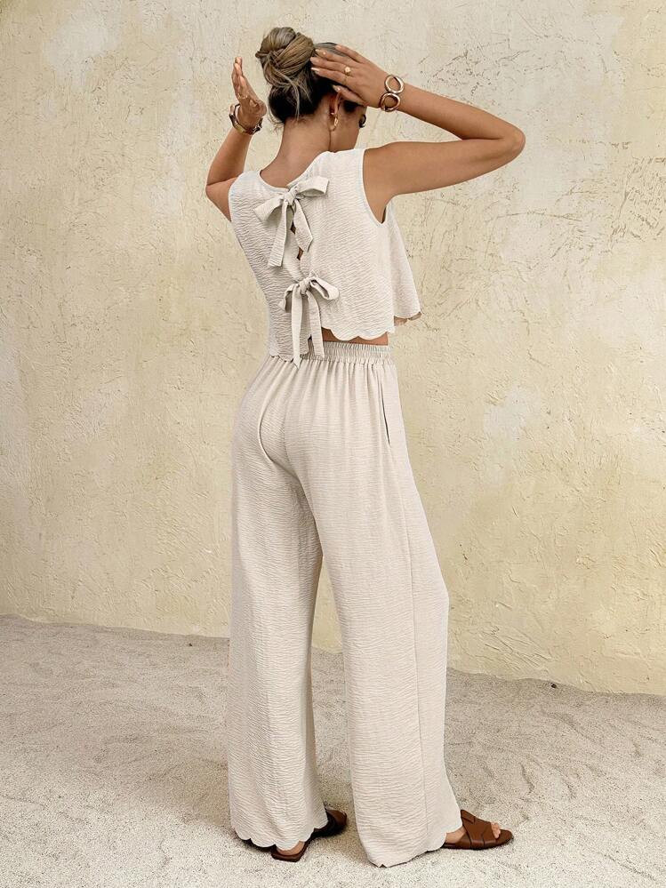 SHEIN Frenchy All-Season 2pcs Women Casual Sleeveless Top And Wide Leg Pants Set, Beige Two Piece Set, Linen Two Piece Set, Cream Two Piece Set, Two Piece Pants Set, Comfortable Two Piece Set,Back Bow Tie Top Two Piece Set,Wavy Hem Sleeveless Shirt Two-Piece Set,Fall Women Clothes,Old Money,Simple,Vacation Summer Casual | SHEIN
