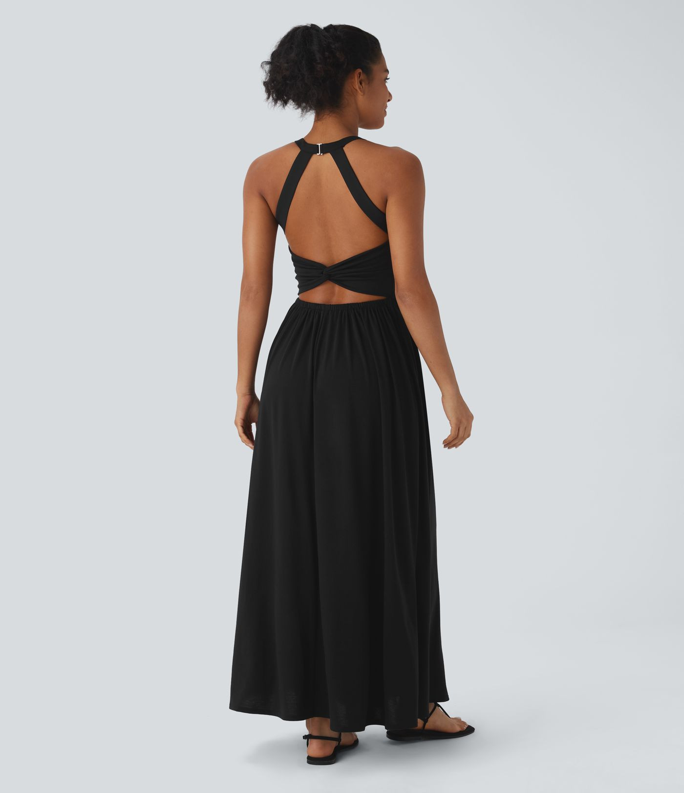 Twisted Backless Split Flowy Maxi Resort Dress with Pockets | HALARA