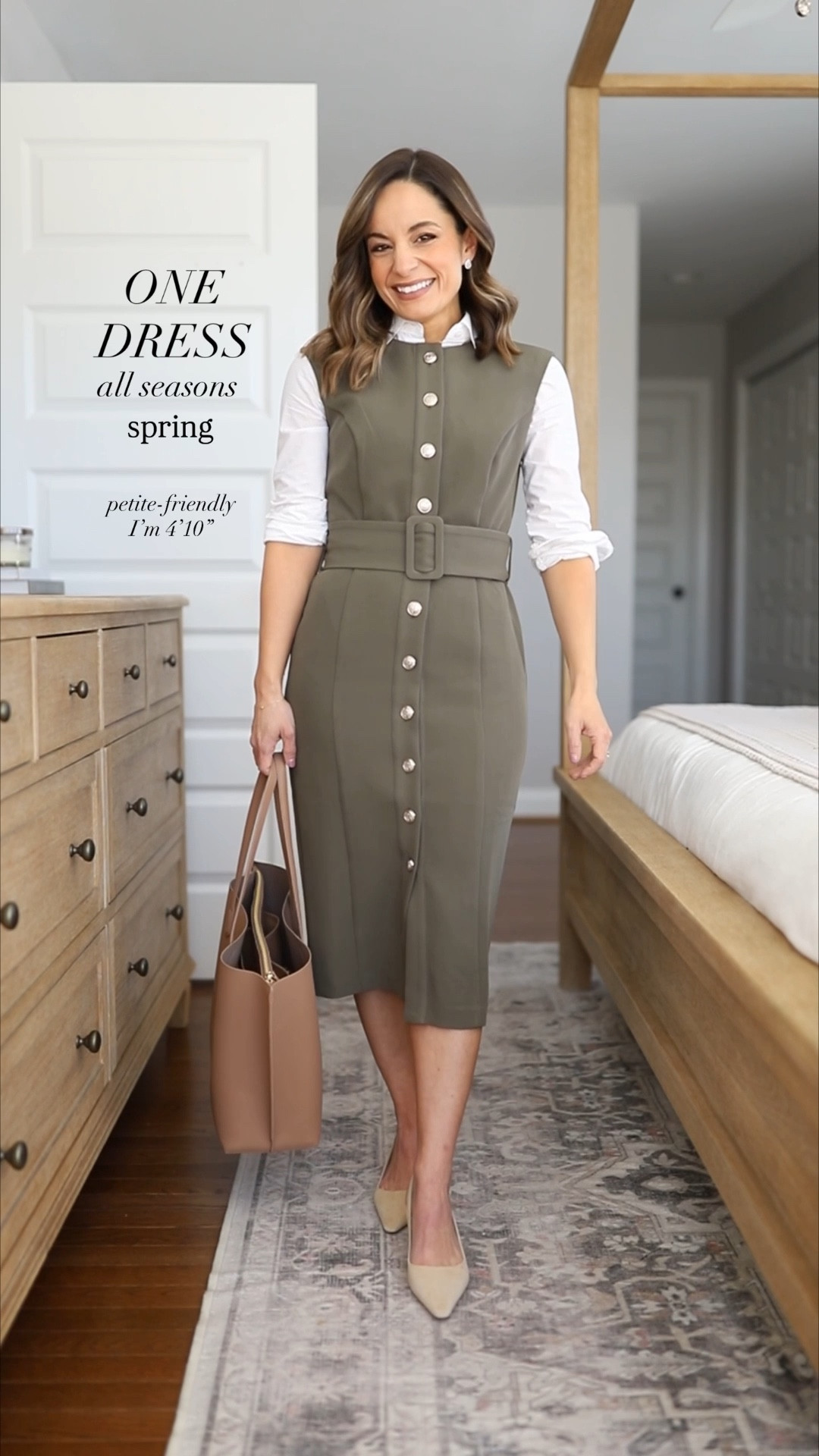 One dress all seasons! Styling a sleeveless dress through all seasons. 

Dress (WHBM): petite 0 - recommend petite 00 if you go off of my sizing, it’s large on me in petite 0 

Winter
Turtleneck (J.Crew Factory): xxs 
Tights (Sheertex): xxs 
Heels (Sam Edelman): tts 
Coat (Aritzia): xxs 
Bag (sold out) 

Spring 
Top (J.Crew Factory): petite 
Jacket (J.Crew): petite 00 — runs slim through the arms 
Heels (Sam Edelman) 
Tote (Quince)

Summer 
Heels (Sam Edelman) 
Tote (Quince)

Fall
Blazer (J.Crew): 
Scarf (Madewell) 
Heels (Sam Edelman) 
Tote (Quince)

My measurements for reference: I’m 4’10” and 105lbs. My bust, waist, and hip measurement is 32”, 24”, and 36”.

#WHBMpartner @WHBM 

#LTKPetite #LTKWorkwear