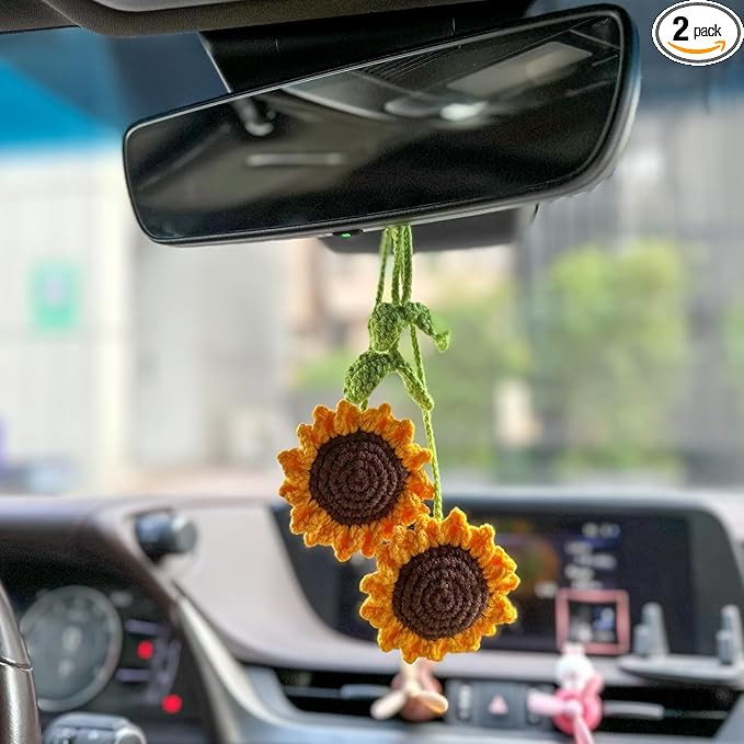 2 Pieces Handmade Sunflower Car Accessories Sunflower Pendants Car Mirror Hanging Accessories | Amazon (US)