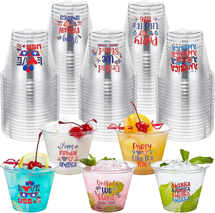 Jingmore 100 Pcs 4th of July Cups 9oz 250th Anniversary Patriotic Plastic Disposable Cups for USA Independence Day Red Blue White Star Stripe Flag for Memorial Party Supplies | Amazon (US)