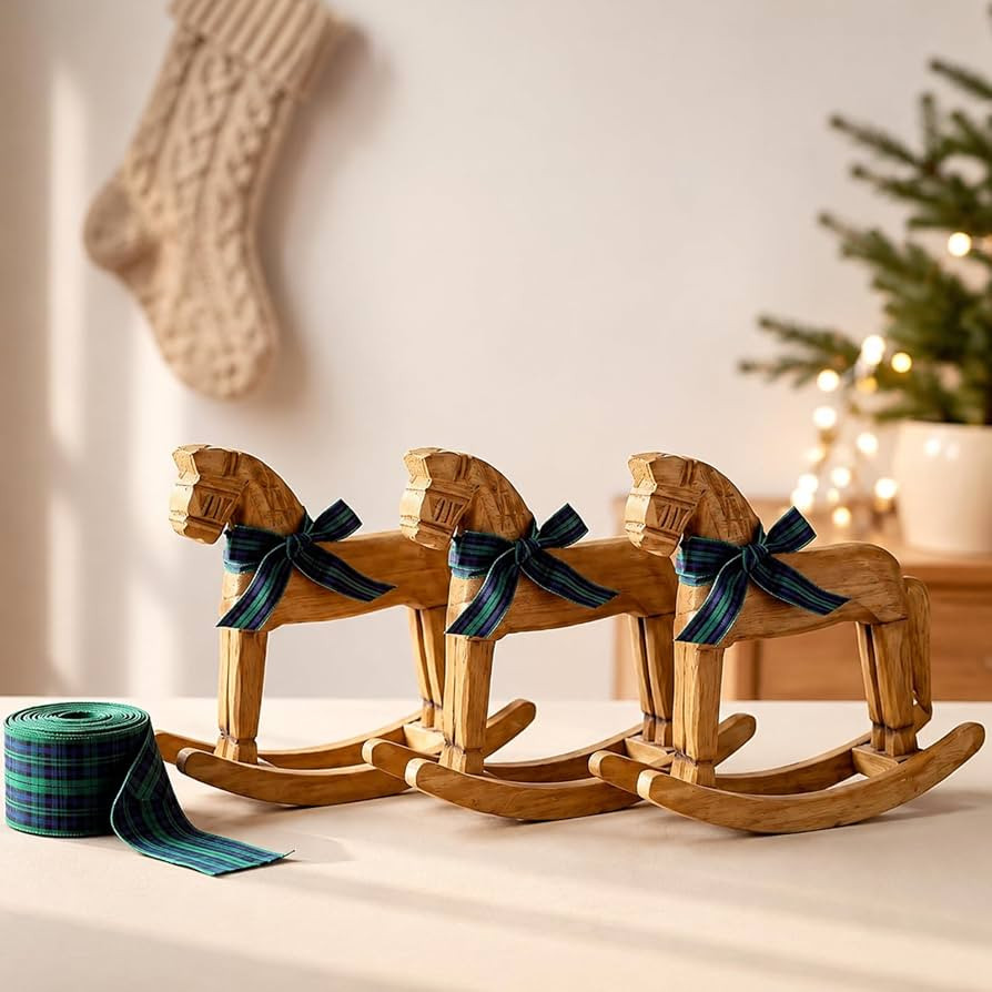 Fuutreo 3 Pack Wooden Rocking Horse Vintage Christmas Tartan Plaid Decor | Amazon (US)