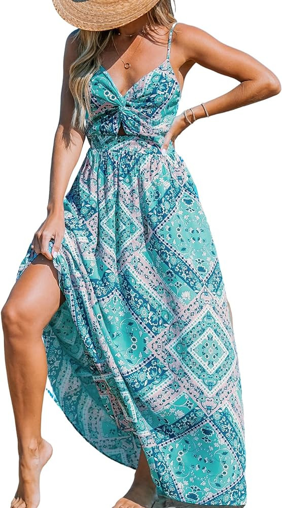 CUPSHE Women's Maxi Dress Floral Print Twisted V Neck Sleeveless Long Dress Summer Casual Dress | Amazon (US)