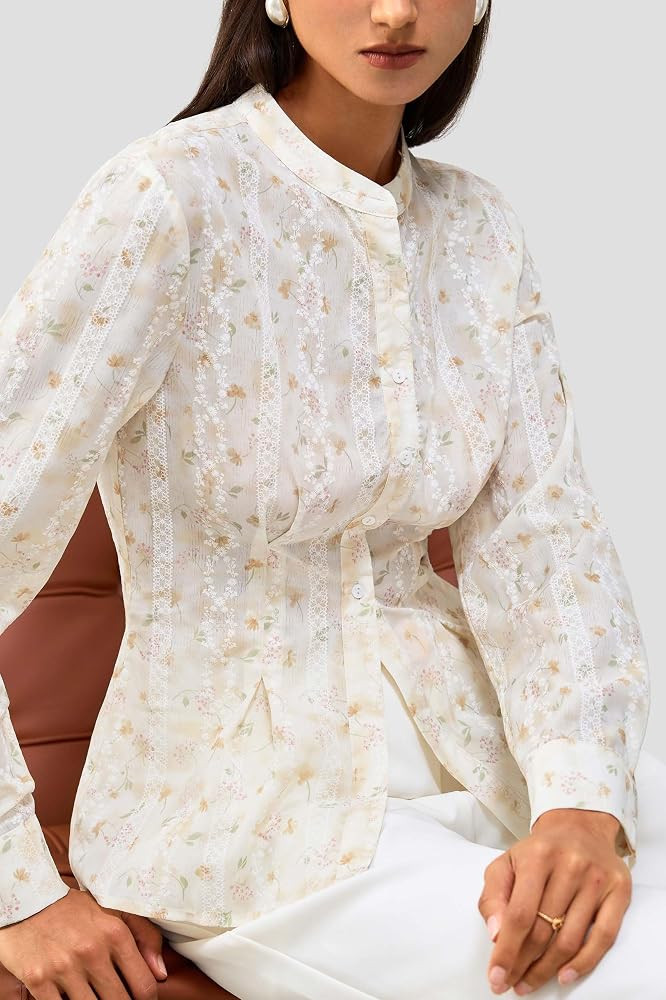 Women's Band Collar Lace Floral Button Blouse Waist-Tailored Long Sleeve Casual Top | Amazon (US)