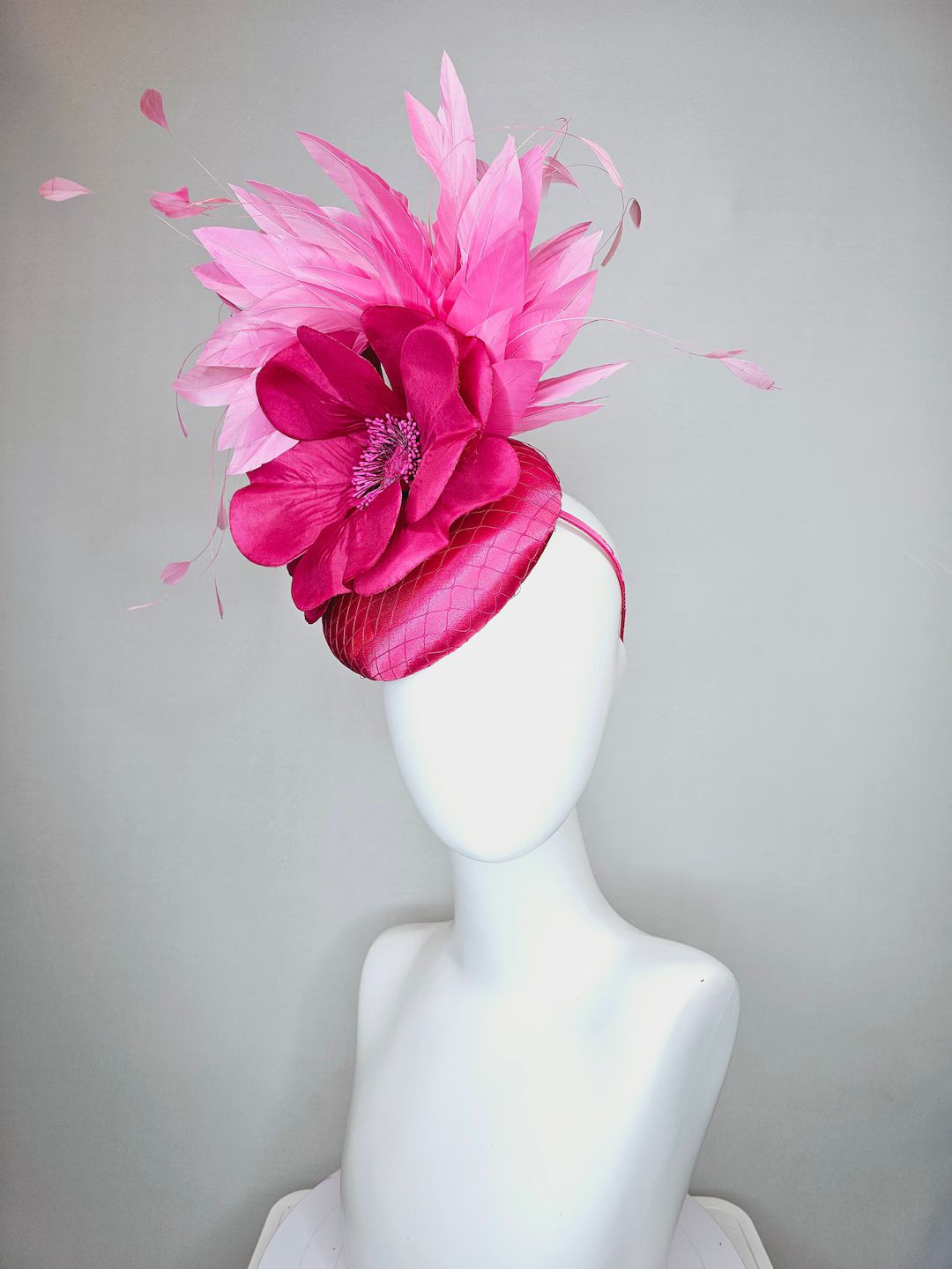 Kentucky Derby Hat Fascinator Magenta Dark Pink Satin With Large Pink Flower With Bright Pink Fea... | Etsy (US)