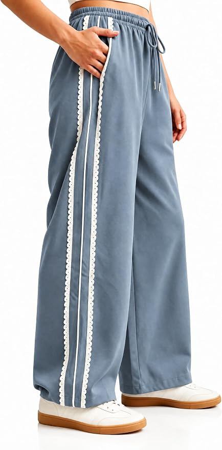 Lviefent Womens Wide Leg Sweatpants Casual Drawstring Waist Side Strip Lace Trim Track Pants Trou... | Amazon (US)