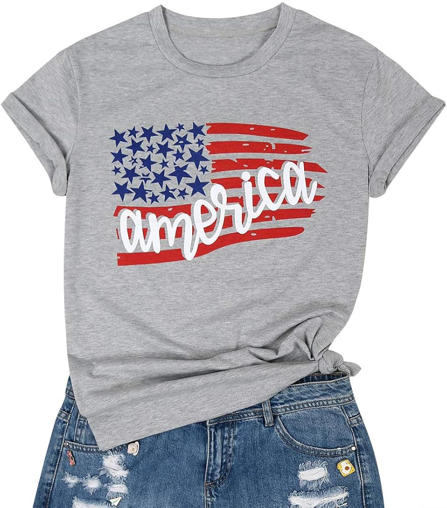 American Flag Shirt 4th July Short Sleeve T Shirt Top Women Patriotic Stars Stripes Loose Casual ... | Amazon (US)
