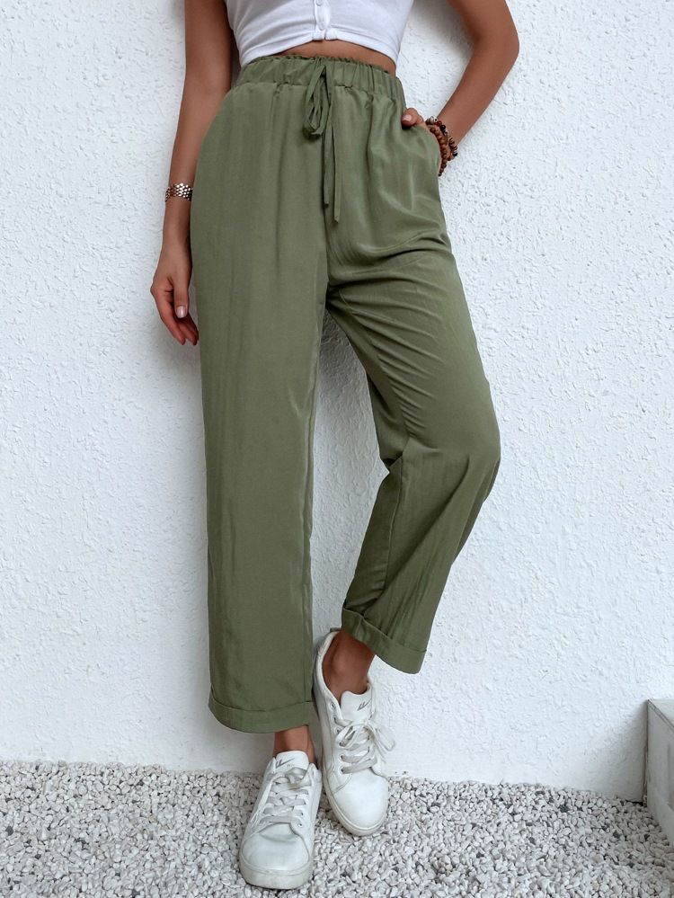 Solid Fake Drawstring Slant Pocket Pants | SHEIN