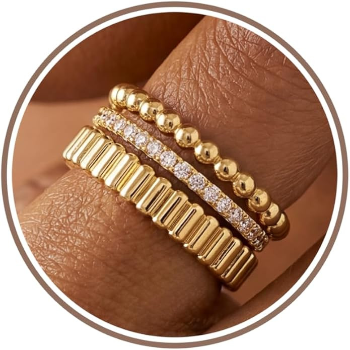 3Pcs Stackable Gold Rings Set for Women Cubic Zirconic Ribbed Bead Jewelry | Amazon (US)