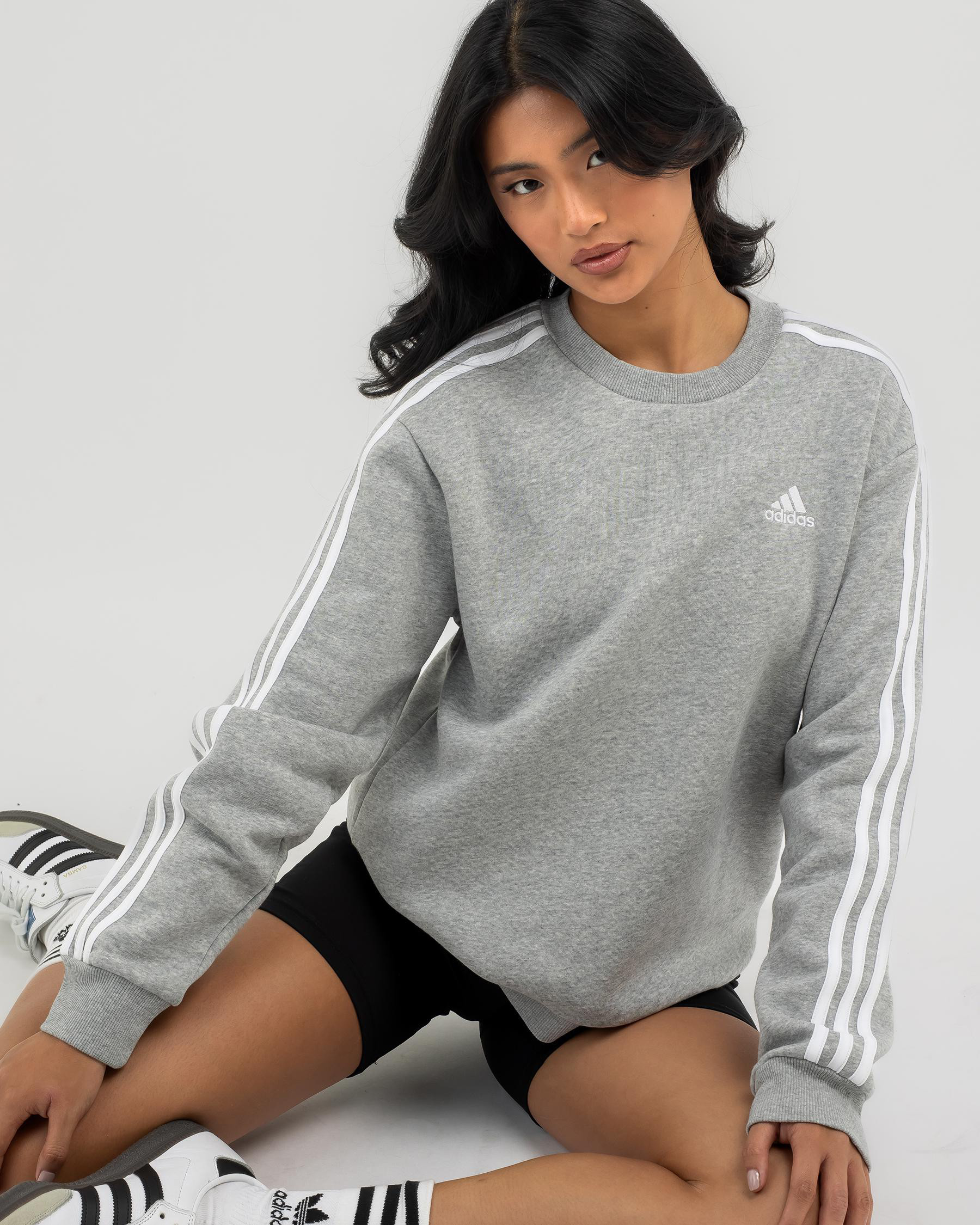 adidas Women's 3 Stripe Sweatshirt in Medium Grey Heather/White Size XS | City Beach (US)