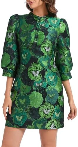 Ladyful Women's Floral Jacquard Shift Dress 2025 Long Puff Sleeve Button Up Elegant Cocktail Part... | Amazon (US)